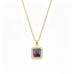 Purple Zircon Square Pendant Necklace Gold Titanium Steel Luxury Elegant Clavicle Chain