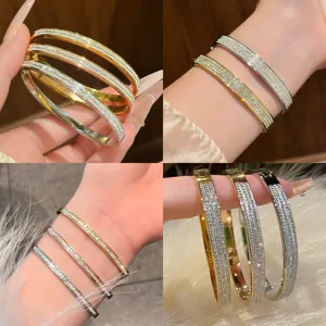 Elegant Titanium Steel Rhinestone Bangle For Women Luxury Starry Sky Geometric Honeycomb Open Cuff Bracelet Versatile Hand Jewelry Gift