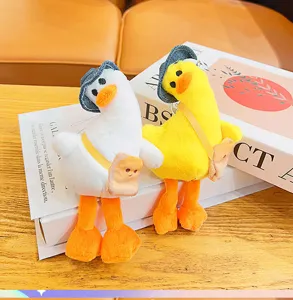 Plush sideways head duck toy with mini toast bag and denim hat, cute bag pendant.