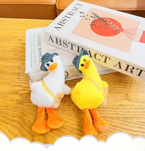 Plush duck toy detail showing cute yellow and white ducks with denim hats and backpacks.