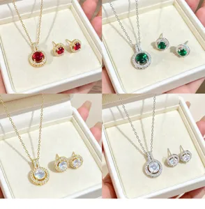Detailed close-up view of elegant circular zircon necklace and earrings set in four colors.