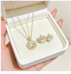 Close-up detail of the round zircon necklace and earrings set showcasing dazzling pave stones.
