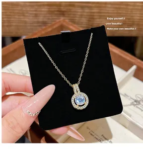 Exquisite round zircon pendant necklace with sparkling pavé stones, elegant delicate clavicle chain.
