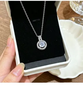 Exquisite round zircon pendant necklace featuring sparkling full-diamond double halo chain.