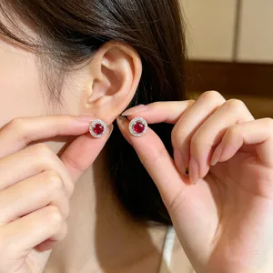 Elegant round red zircon halo stud earrings for women shiny silver jewelry main display