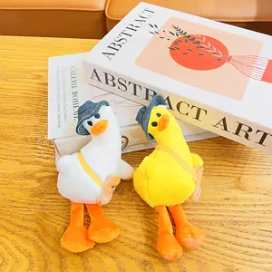 Cute plush crooked head duck toy with denim hat and mini bag, adorable bag pendant keychain.