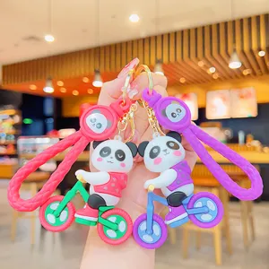 Cute Cartoon Cycling Panda PVC Keychain Pendant With Braided Strap Alloy Clasp School Bag Key Ring Decoration Accessory Gift