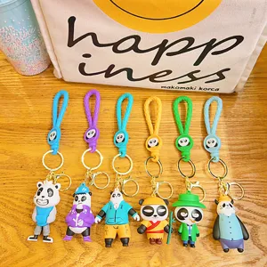 Cute panda family keychains set with colorful woven straps, perfect bag and car charms.