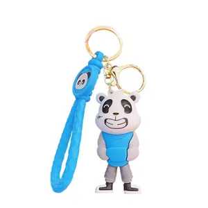 Cute cartoon panda keychain with blue strap, stylish trendy bag charm and car key ring accessory.