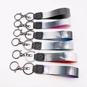 Gradient Woven Strap Keychain Set Metal Ring Wristlet Lanyard Bag Pendant Accessories