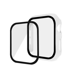 Protective PC case with integrated tempered glass screen protector for smartwatch.