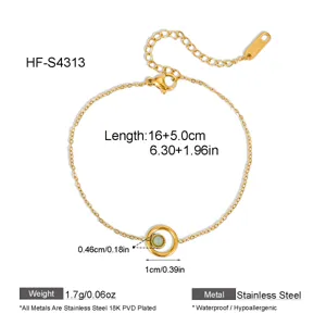 Stainless steel gold plated link bracelet detail view with green stone pendant and size specs.
