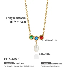 Collier pendentif en acier inoxydable plaqué or 18K zircone multicolore perle d'eau douce.