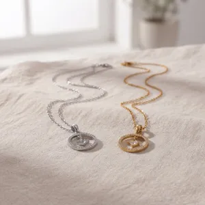 Silver and gold tone pave cubic zirconia circle pendant necklaces detailed view.