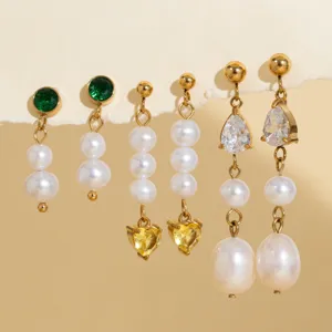 Edelstahl Gold Plated Süßwasserperle Zirkonia Ohrhänger Elegant ins-Stil Geometrisch Anhänger Schmuck Für Damen