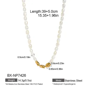 Elegant freshwater pearl necklace with 18K gold plated stainless steel, length 39+5cm.