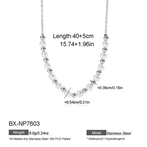 Freshwater pearl and silver bead stainless steel necklace detail showing size and weight specs.