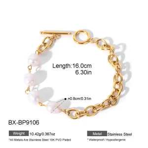 Elegant 18K gold plated stainless steel freshwater pearl toggle clasp bracelet for women.