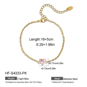 Bracciale in acciaio inossidabile dorato con zircone cuore rosa regolabile donna