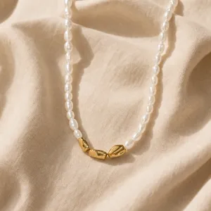 Freshwater pearl necklace with gold metal beads detail for women elegant jewelry piece