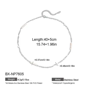 Silver stainless steel pearl necklace detail showing 40cm length and waterproof design.
