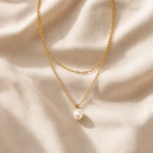 Elegant double layered gold necklace with fresh water pearl pendant for women daily chic style