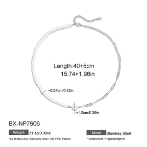 Stylish stainless steel freshwater pearl necklace geometric asymmetric clavicle chain jewelry.