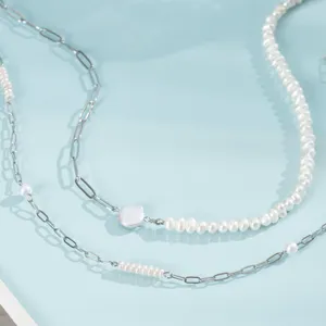 Fashion Stainless Steel Freshwater Pearl Necklace Silver Color Baroque Clavicle Chain For Women Versatile Jewelry Gift