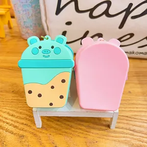 Portamonete in silicone maialino bubble tea carino, mini borsa porta auricolari portachiavi.