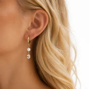 Stylish 18K Gold Plated Titanium Steel Freshwater Pearl Crystal Drop Huggie Hoop Earrings