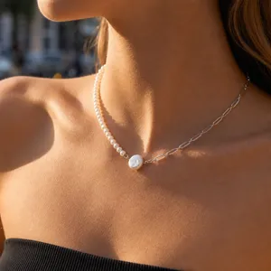 Stylish asymmetric freshwater pearl and silver chain necklace, modern chic clavicle jewelry.