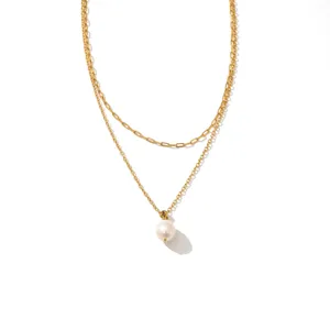Layered gold-tone chain necklace with elegant freshwater pearl pendant for daily wear.