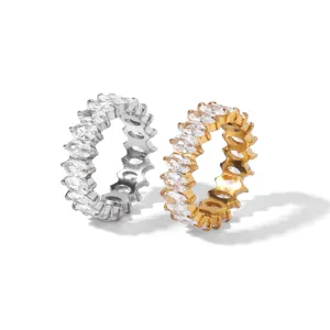 Edelstahl Markise Zirkonia Ehering Set, minimalistischer Luxus Schmuck fuer Damen und Maedchen.