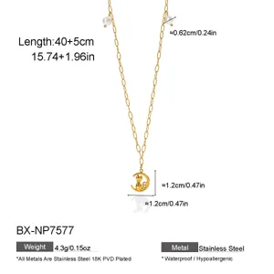 Stainless Steel Freshwater Pearl Cat Moon Pendant Necklace 18K Gold Plated Jewelry