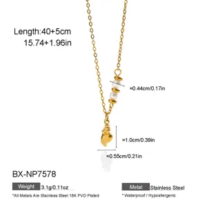 Gold stainless steel shell pearl necklace detail view, showcasing precise size and weight specs.