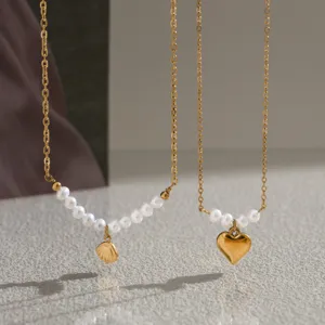 Fashion Titanium Steel Freshwater Pearl Necklace Gold Plated Heart Shell Moon Cat Pendant Necklace For Women Versatile Daily Commute Jewelry Gift