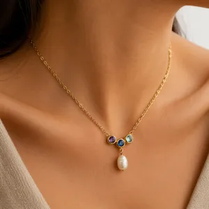 Collier en Acier Inoxydable Plaqué Or pour Femme Pendentif en Strass Tricolore Perle d'Eau Douce Bijoux