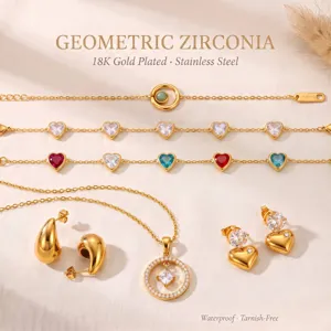Vintage Stainless Steel Zirconia Jewelry Set For Women 18K Gold Plated Geometric Heart Waterdrop Necklace Bracelet Earrings Jewelry