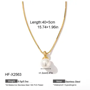 Detail view of a chic stainless steel 18K gold faux pearl necklace with precise specs.
