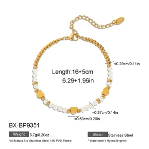 Goldenes Edelstahl Perlen Herz Anhänger Armband mit Verlängerungskette, eleganter Schmuck.