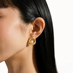 Elegant gold geometric hollow earrings featuring a simulated pearl for daily stylish wear.