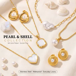High End Titanium Steel 18K Gold Plated Artificial Pearl Jewelry Set Mother of Pearl Heart Square Necklace Stud Earrings