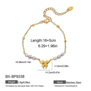 Bracciale con farfalla in perle placcato oro 18K in acciaio inossidabile, dettaglio con dimensioni.