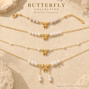 Set di Gioielli in Acciaio Inossidabile Placcato Oro 18K con Farfalla 3D e Perla d'Acqua Dolce Collana e Bracciale Farfalla da Donna