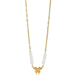 Elegante Collana Farfalla Perla D'Acqua Dolce Placcata Oro In Acciaio Inossidabile