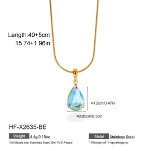 Detail view of gold stainless steel teardrop necklace with dimension and weight specs.