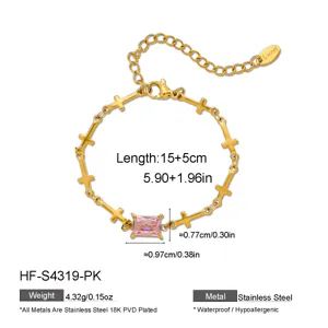 Pulsera cruz acero inoxidable circón rosa dimensión detalle especificación visualización
