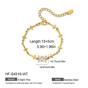Vista detallada de la pulsera de cadena cruzada de acero inoxidable con circonita. 15+5cm.
