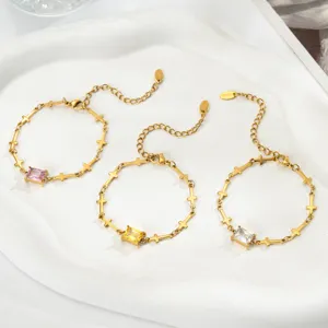 Pulseras de cadena de cruz de oro de acero inoxidable con circonita cúbica cuadrada.