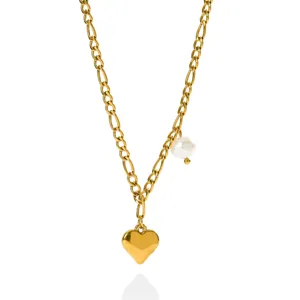 Gold-colored chain necklace featuring a cute heart pendant and elegant freshwater pearl charm.